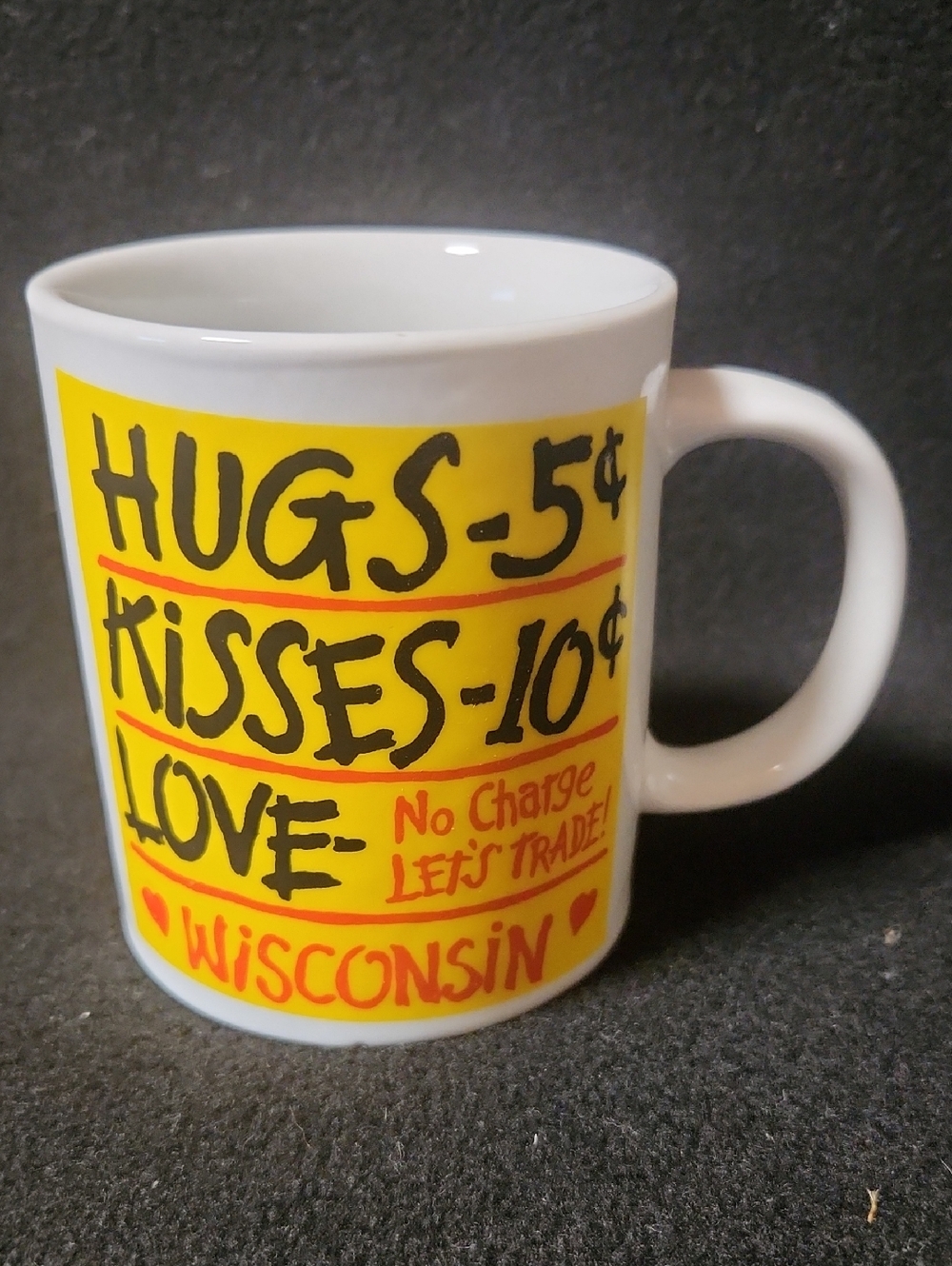 White Ceramic 'Hugs Kisses Love Wisconsin' Mug - Yellow Print